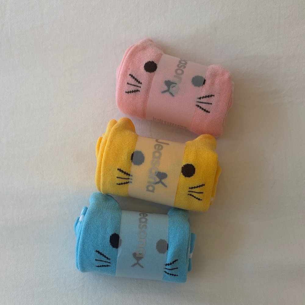 Cat Face Socks - Pink, Yellow, Blue
